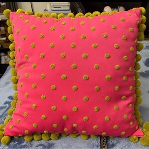 Borgata Throw Pillow Pink Green W/Green Pompom Trim
